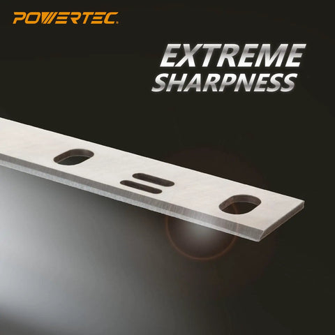 Precision Six Inch Jointer Blades Compatible With Wen 6559 JT6561 And 6560 Models close-up of sharp metal cutting blade with holes.