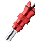 Must Upgrade Your DIY Game With This Electric Rivet Nut Drill Adapter Kit For Cordless Tools Featuring Removable Handle Easy Install And Removal For Wide Rivet Sizes To Get The Job Done Rapidly Without The Hassle. red metal drill adapter for cordless tools, angled view