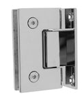 Heavy Duty Built Tight Frameless Glass Door Hinge 90 Degree Stainless Steel Self Closing Pivot Hardware for 8 To 12 Millimeter Bathroom and Shower Glass With Smooth Wall Install, close-up view.
