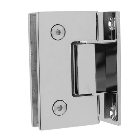 Heavy Duty Built Tight Frameless Glass Door Hinge 90 Degree Stainless Steel Self Closing Pivot Hardware for 8 To 12 Millimeter Bathroom and Shower Glass With Smooth Wall Install, close-up view.