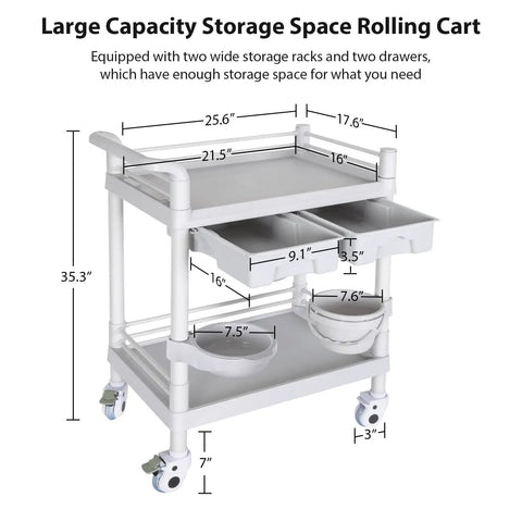 Medical Rolling Trolley Cart With 2 Shelves And Drawers, Heavy Duty Utility Cart 220 Lbs Max Load, Rotating Wheels And 2 Brakes