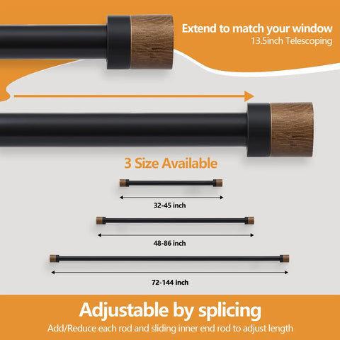 Heavy Duty 1 Inch Adjustable Curtain Rod With Imitation Wood Grain Finials, Extends From 32 To 84 Inches, size options shown