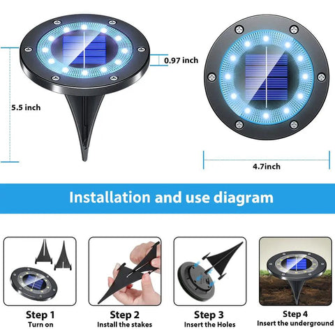 Solar Ground Lights Outdoor With 12 LEDs Auto Changing Multi Color Cool Glow Garden Pathway Lights Waterproof Yard Decor For Halloween And Parties Easy Install 8 Pack installation diagram