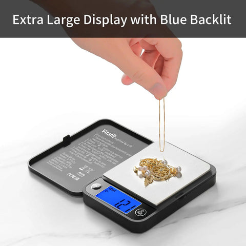 Ultra Accurate 0.01g Digital Pocket Scale With 500g Capacity For Lab Kitchen Coffee Jewelry And Food Black Portable Precision Weighing displaying jewelry with blue backlit screen