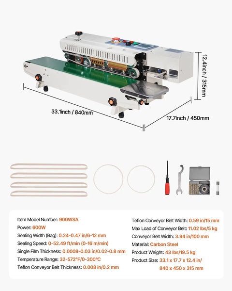 Heavy Duty Continuous Horizontal Bag Sealer Machine With Digital Temp Control And Air Blow Function For Quick Plastic Packaging Grinds Built Tough For Zero Sweat Daily Shipping Tasks, featuring 33.1 inch steel frame.