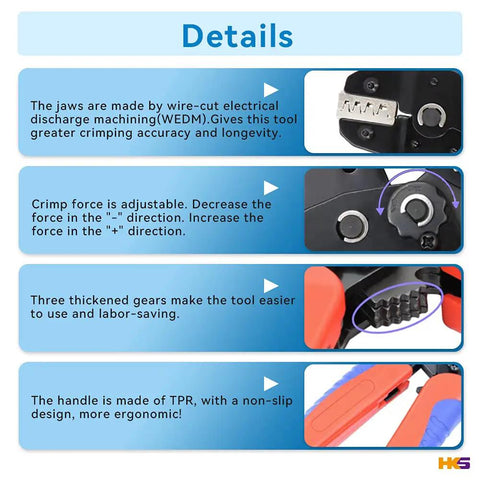 Details of Ratcheting Crimping Tool Kit With 11 Changeable Jaws For Dupont JST MOLEX including jaw material and adjustable crimp force.