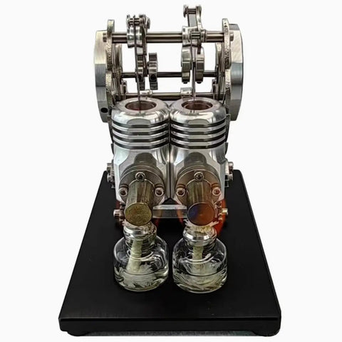 Dope DIY Stirling Engine Kit With Two Cylinder Dual Piston For Adults That Lets You Build A Hot Air External Stirling Engine Model And Geek Out On Thermodynamics With Tech Enthusiasts And Science Nerds, metal twin-cylinder model on black base