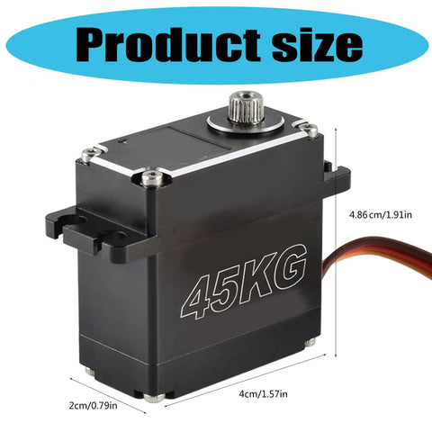 Pro Grade Heavy Duty Digital Steering Servo DSC45MG 45kg Torque Metal Case shown with product dimensions 4.86cm x 4cm x 2cm.