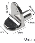 Close-up of Heavy Duty L Shaped Shelf Support Pegs 20 Pack 5mm Zinc Alloy Cabinet Bracket Pins in Silver with dimensions highlighted
