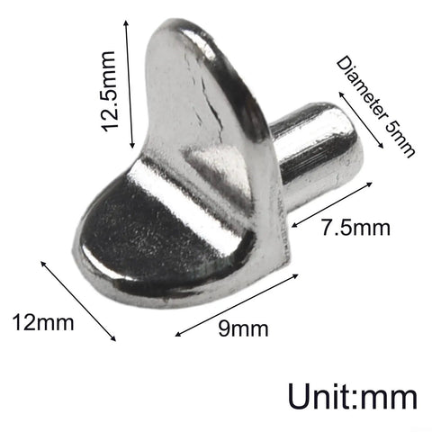Close-up of Heavy Duty L Shaped Shelf Support Pegs 20 Pack 5mm Zinc Alloy Cabinet Bracket Pins in Silver with dimensions highlighted