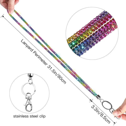 Rainbow Crystal Lanyard For ID Card Holder 34.8 Inch with stainless steel clip and silicone diamond badge reel.