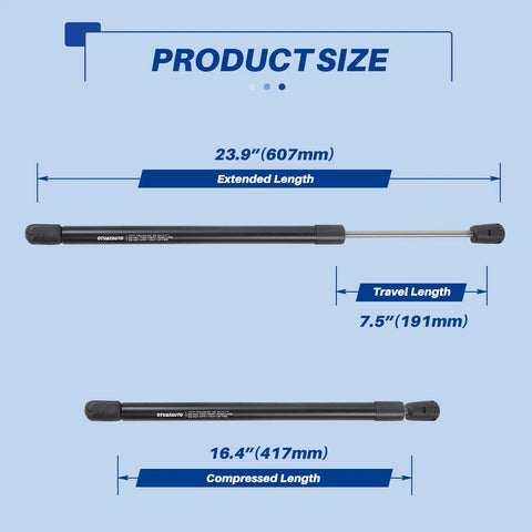 Diagram showing dimensions of Rear Tailgate Shocks Lift Supports Replacement For 2000-2006 GMC Yukon Suburban Tahoe 2002-2006 Cadillac Escalade Pair OEM SG230068 Drop-In Bolt-In Fit 23.9 Inch Extended 16.4 Inch Compressed