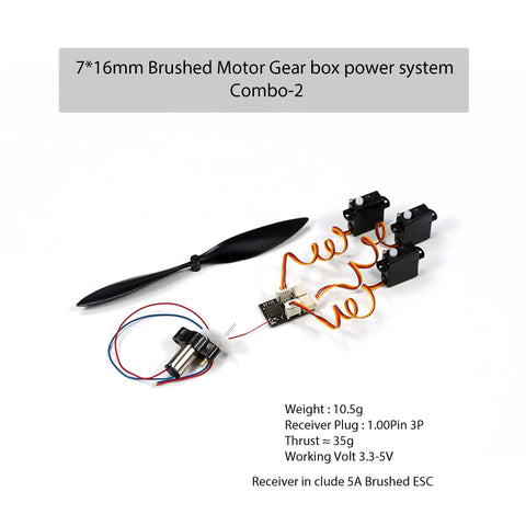 Slick Plug And Play Micro Airplane Power Kit Featuring 7X16Mm Brushed Motor 100Mm Propeller Mini Receiver And Servo For Indoor RC Models No Brainer Smooth Flight Action components layout with motor, propeller, and servos.