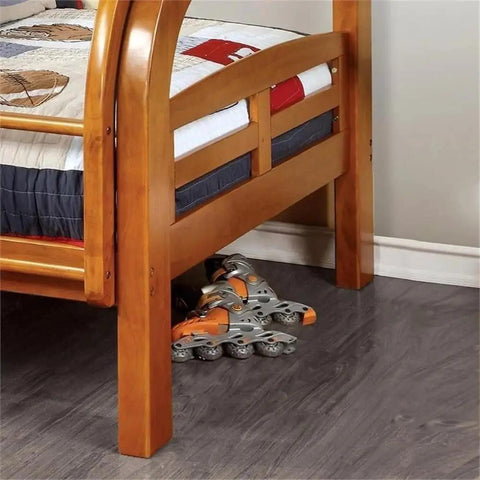 Twin Over Full Bunk Bed With Upper Rails Angled Ladder And Bold Curved Wood Design In Oak Finish Ideal For Kids Rooms And Sleepovers