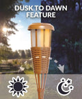 Dusk to dawn feature of Solar Island Torch LED Flickering Flame Lights, waterproof outdoor lighting with bamboo finish for pathways