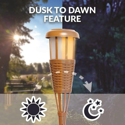 Dusk to dawn feature of Solar Island Torch LED Flickering Flame Lights, waterproof outdoor lighting with bamboo finish for pathways