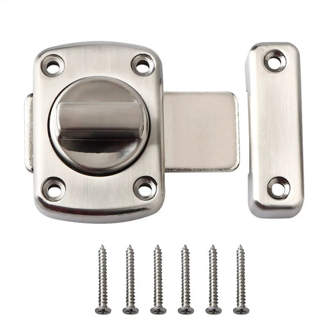 Tough As Nails Zinc Alloy Reversible Door Latch With Push Pull Bolt Lock, showing sliding bolt and screws, ideal for bathroom privacy.
