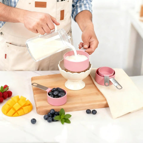 Stackable Measuring Cups And Spoons Set 10 Piece With Stainless Steel Handles Pink Kitchen Gear in use for baking