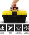 Hand holding a Badass Plastic Toolbox With Lockable Buckles And Removable Tray Plus Sure Grip Carry Handle for easy transport.