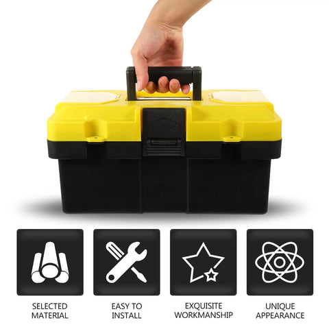 Hand holding a Badass Plastic Toolbox With Lockable Buckles And Removable Tray Plus Sure Grip Carry Handle for easy transport.