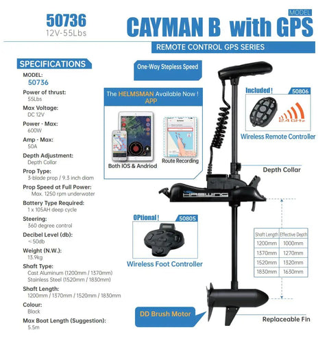 GPS Bow Mount Electric Trolling Motor 12V 55LB Thrust 48 Inch Shaft specifications with remote control and app features.