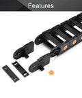 Open Type Drag Chain Cable Carrier With End Connectors 40x100mm Inner Size, 1 Meter Length, Black Nylon, R100 Bend Radius, Parts Shown