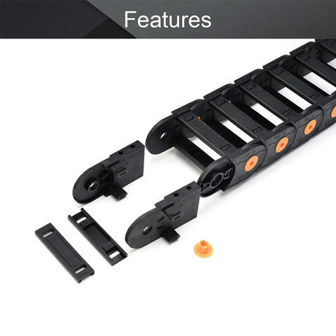 Open Type Drag Chain Cable Carrier With End Connectors 40x100mm Inner Size, 1 Meter Length, Black Nylon, R100 Bend Radius, Parts Shown