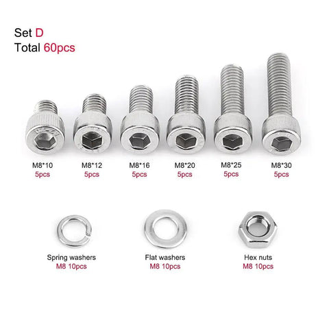 Awesome Heavy Duty Hex Socket Cap Head Screws Bolts Fastener Assortment Kit Featuring Premium Stainless Steel Industrial Repair Tool Set For Office Machinery Ship Assembly With M3 M5 M6 M8 Sizes Perfect Handyman Gear including M8 screws and washers.