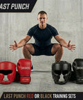 Pro Boxing Gloves And Headgear Set Featuring 16 Oz Heavy Duty Padding In Red And Black, training gear displayed with athlete.