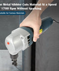 Person using Electric Sheet Metal Nibbler Cutter With 1700 RPM High Speed Rotor Cuts Steel Up To 1.8mm and Stainless Up To 1.2mm