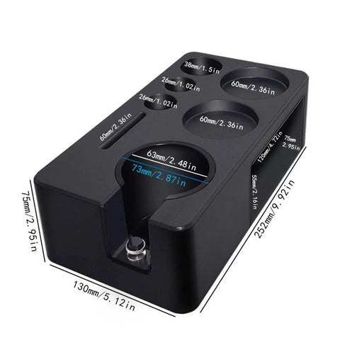 Solid Coffee Tamper Holder Built From Shock Absorbent Abs Material For No Fuss Daily Brewing Portable Countertop Tamping Station with measurement details.