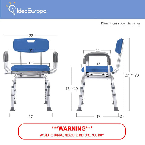 Dimensions of Premium Blue 360 Degree Swivel Bathroom Shower Chair With Back Rest Pivoting Bath Bench shown in inches