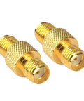 Dual pack of gold SMA Female To Female Barrel Adapter For FPV Antennas And Wireless LAN shown close-up with brass center pin.