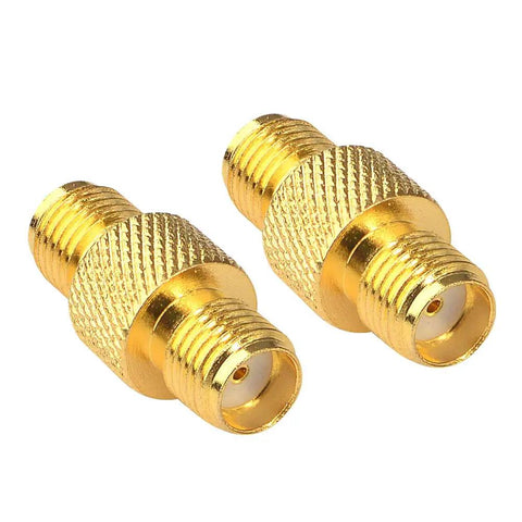 Dual pack of gold SMA Female To Female Barrel Adapter For FPV Antennas And Wireless LAN shown close-up with brass center pin.