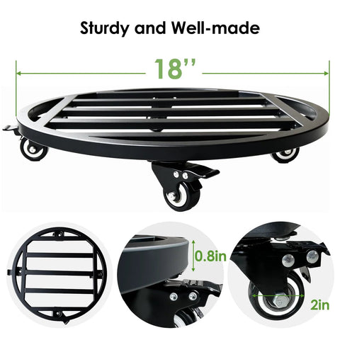 18 Inch Round Plant Caddy With Wheels Heavy Duty Metal Plant Dolly with black tray and industrial casters for large planters