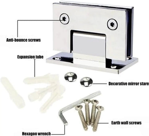Premium Rock Solid Shower Glass Door Hinges For Eight To Twelve Millimeter Tempered Panels SUS304 Stainless Steel hardware components.
