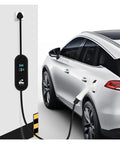 Heavy Duty Portable Ev Charger Type Two 16A Iec 62196 2 Evse Travel Cable connected to a car, showcasing wall outlet charging.