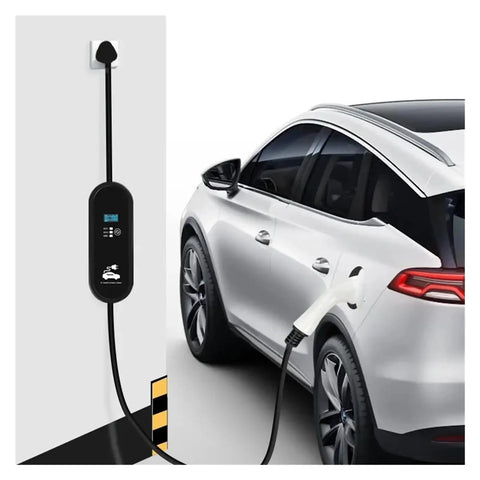 Heavy Duty Portable Ev Charger Type Two 16A Iec 62196 2 Evse Travel Cable connected to a car, showcasing wall outlet charging.