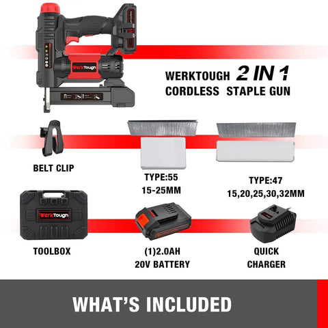Contents of 20V Cordless Staple Gun Brad Nailer 2 In 1 Aluminum Magazine With 1 Hour Fast Charger And 2000mAh Battery shown