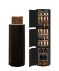 Toss Sneaker Chaos At The Door With This Sleek Rotating Shoe Rack showing black rotating boot tower with footwear storage.
