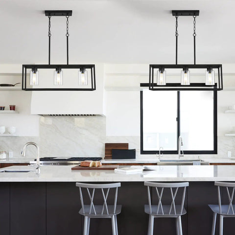 6 Light Dining Room Fixture In Black Modern Farmhouse Industrial Chandelier Rectangular Pendant Lighting For Kitchen