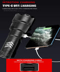Beast Mode 120,000 Lumens USB Rechargeable LED Flashlight shown charging via USB-C with smartphone, durable and waterproof.