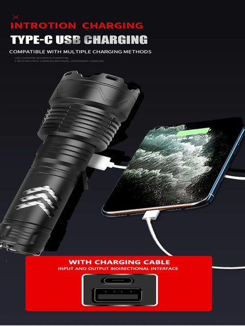 Beast Mode 120,000 Lumens USB Rechargeable LED Flashlight shown charging via USB-C with smartphone, durable and waterproof.