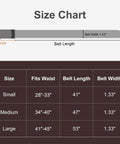 Size chart for Mens Black Ratchet Belt Nylon Tactical Belt with Automatic Slide Buckle, showing small to large sizes.