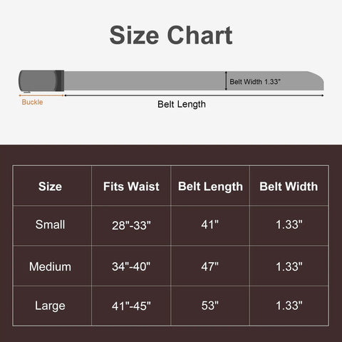 Size chart for Mens Black Ratchet Belt Nylon Tactical Belt with Automatic Slide Buckle, showing small to large sizes.