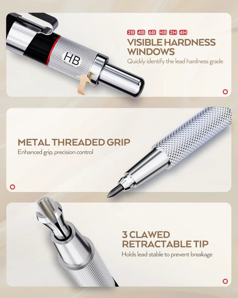 Close-up of Pro Grade Art Mechanical Pencil Set showing metal threaded grip, hardness window, and 3-claw retractable tip.