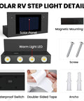 Solar RV Step Lights For Camper And Trailer, No Wire LED Stair Light Strip, IP65 Waterproof, auto on at dusk, mounting details