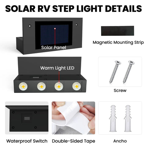 Solar RV Step Lights For Camper And Trailer, No Wire LED Stair Light Strip, IP65 Waterproof, auto on at dusk, mounting details