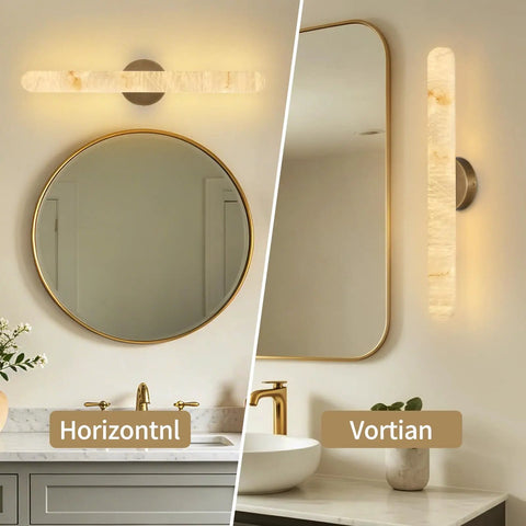 Natural Alabaster Brass Wall Sconce shown in horizontal and vertical positions, highlighting elegant design and warm glow.