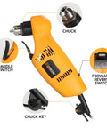 Three Eighths Inch Right Angle Drill 3.8 Amp Corded Power Drill With Variable Speed 0 To 1400 RPM Forward And Reverse Switch